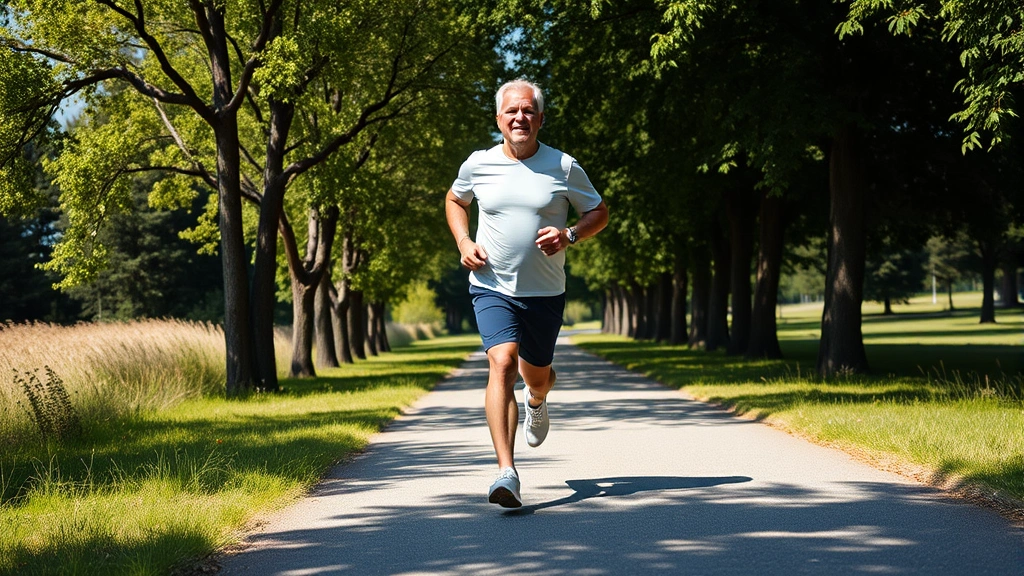 A middle-aged man jogging outdoors on a sunny path surrounded by green trees and natural scenery, showing determination and health-focused exercise routine