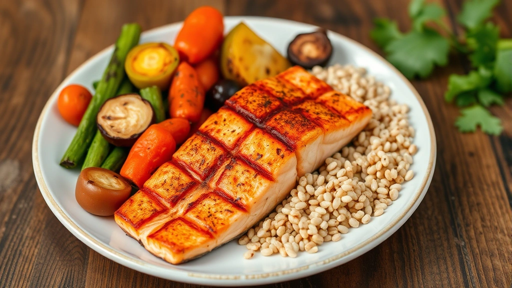 A colorful plate with grilled salmon, roasted vegetables, and quinoa, representing balanced nutrition and whole foods for sustainable weight loss