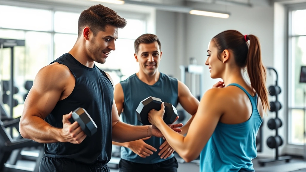 A professional fitness trainer coaching a client during strength training with dumbbells in a bright, modern gym setting, emphasizing professional guidance and support