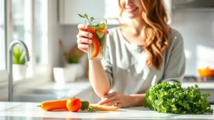 Woman holding a glass of water with fresh vegetables on a bright kitchen counter, natural sunlight streaming through window, healthy vibrant lifestyle setting