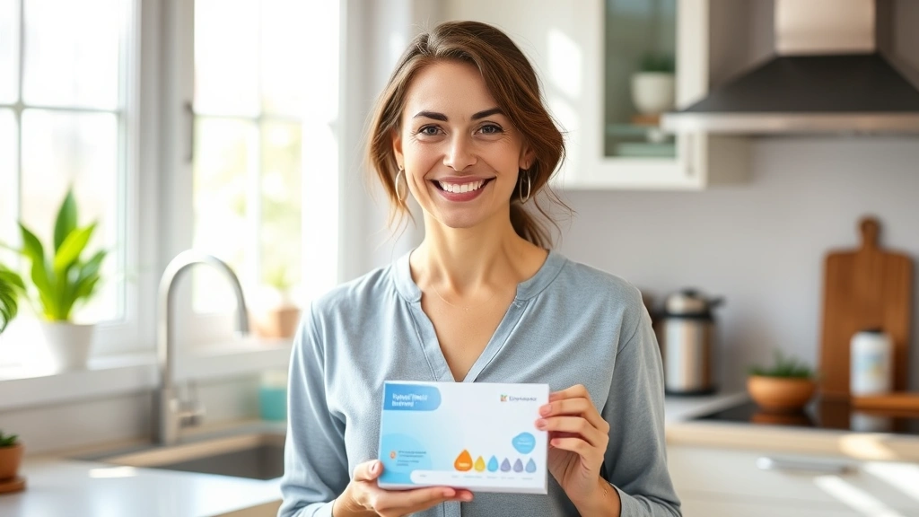 Woman holding at-home microbiome test kit in bright kitchen, smiling confidently at camera, natural daylight streaming through windows, professional wellness setting