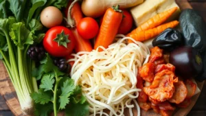 Close-up of diverse fresh vegetables and fermented foods like sauerkraut and kimchi arranged beautifully on a wooden board, vibrant colors, natural lighting, healthy gut-friendly ingredients