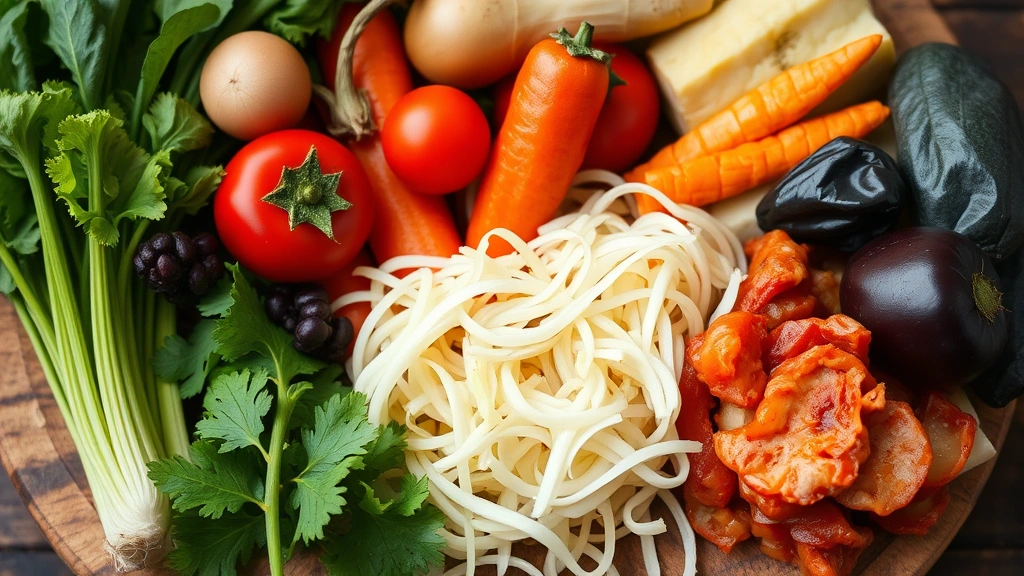 Close-up of diverse fresh vegetables and fermented foods like sauerkraut and kimchi arranged beautifully on a wooden board, vibrant colors, natural lighting, healthy gut-friendly ingredients