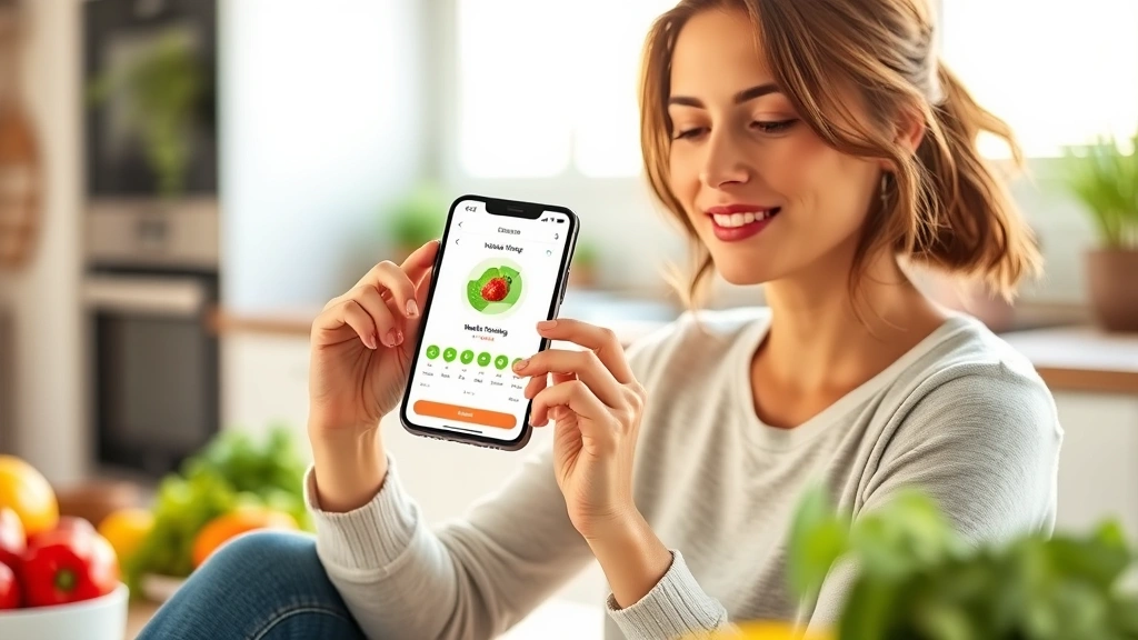 Woman holding a smartphone showing a health tracking app interface, sitting peacefully in a bright kitchen with fresh produce visible, warm natural light, focused expression