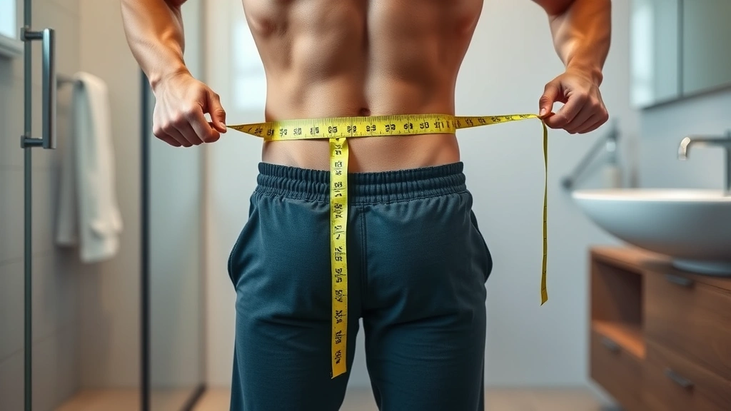 Person measuring waist with measuring tape, standing on scale in modern bathroom, showing progress tracking and body composition measurement, wellness journey visualization