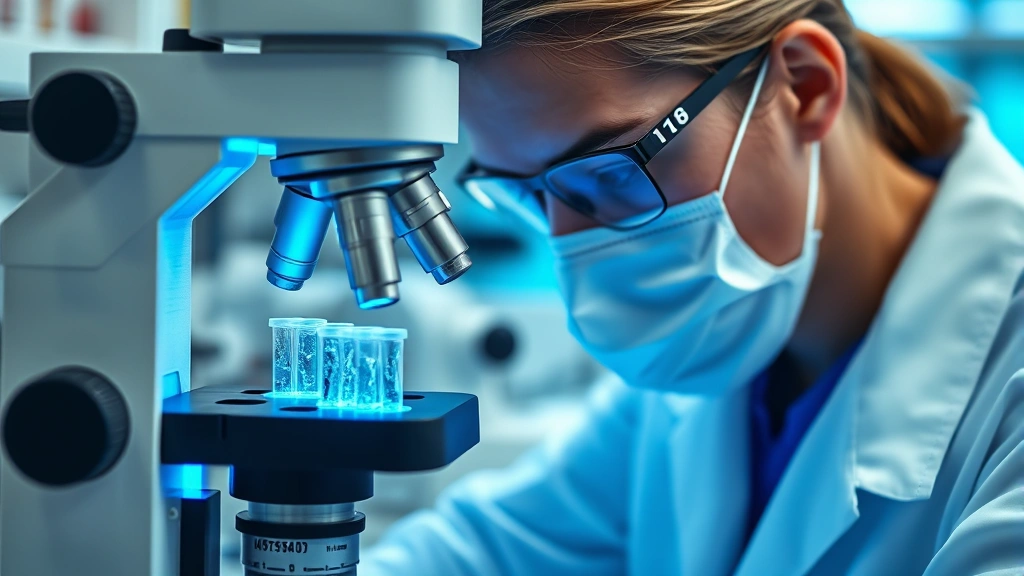 Laboratory scientist examining microbiome samples under microscope with glowing blue bacterial cultures visible, scientific equipment in background, professional healthcare setting, detailed close-up