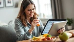 Woman reviewing prescription bottle and health information on tablet computer, sitting at home with healthy food on table, natural lighting, calm expression, healthcare consultation