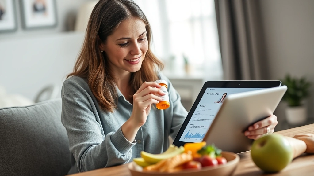 Woman reviewing prescription bottle and health information on tablet computer, sitting at home with healthy food on table, natural lighting, calm expression, healthcare consultation