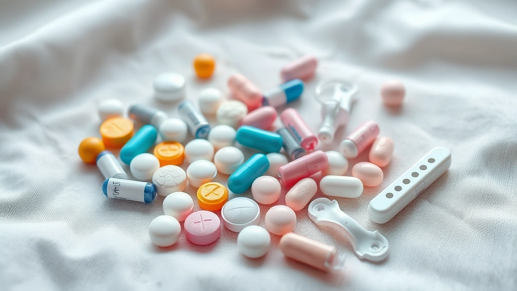 Close-up of diverse group of birth control pills and contraceptive devices arranged on soft fabric background, medical setting aesthetic, well-lit, professional product photography