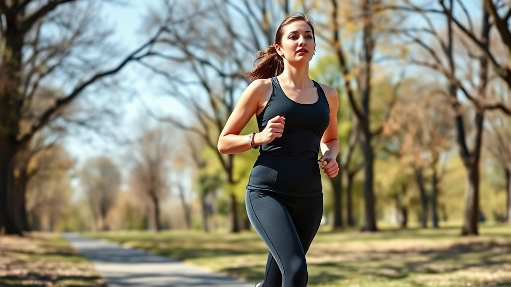 Woman exercising outdoors on sunny day, jogging through park with trees, athletic wear, confident posture, health and wellness focused, natural environment, daytime