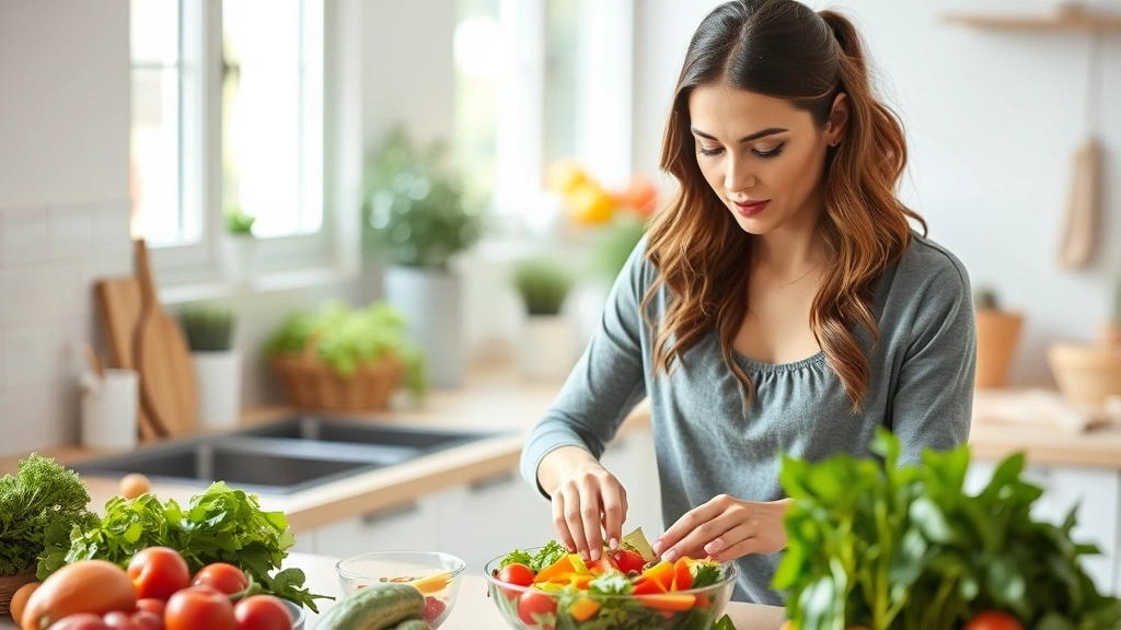 Woman preparing fresh salad with colorful vegetables in bright kitchen, focused on healthy meal preparation