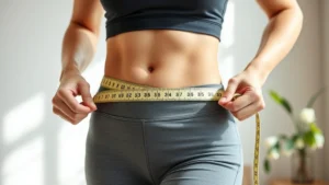 Woman measuring waist with tape measure, fit and confident, bright natural lighting, healthy lifestyle context, photorealistic