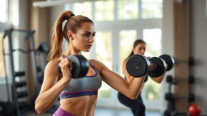 Woman in athletic wear doing resistance training with dumbbells in bright, modern home gym. Focused, determined expression. Natural lighting from windows. Strength and wellness atmosphere.