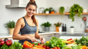 Woman in athletic wear preparing fresh colorful vegetables in a bright modern kitchen, smiling, wholesome healthy meal prep scene