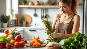 Woman preparing fresh vegetables and lean proteins in modern kitchen, healthy meal prep setup with colorful produce, natural daylight, realistic lifestyle photography