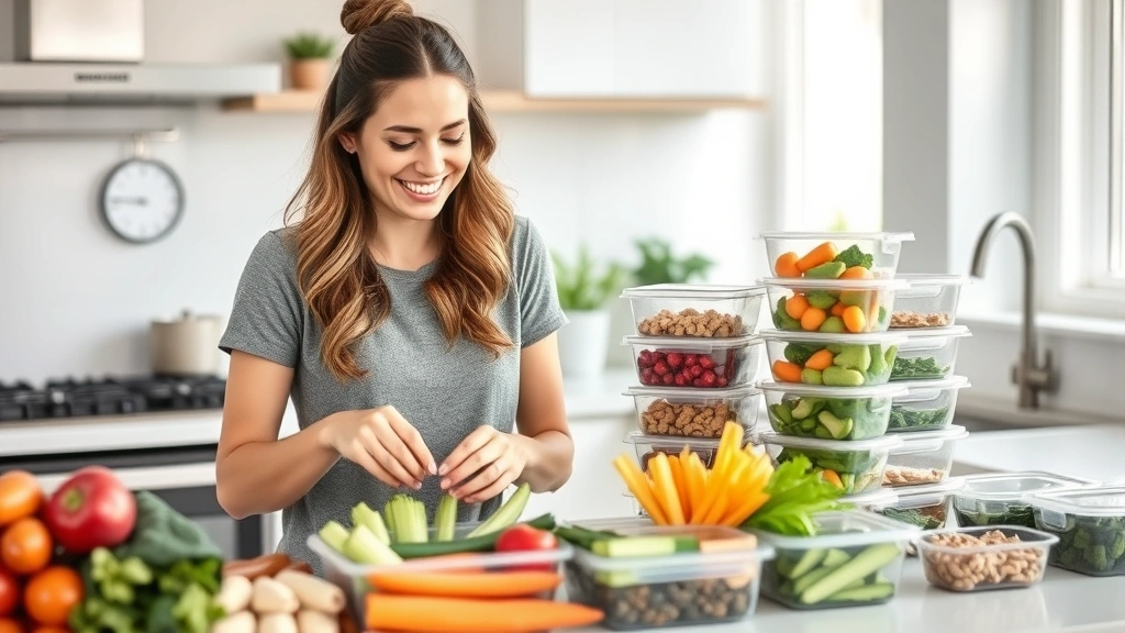 Woman meal prepping fresh vegetables and lean proteins in bright modern kitchen, smiling while organizing healthy food containers