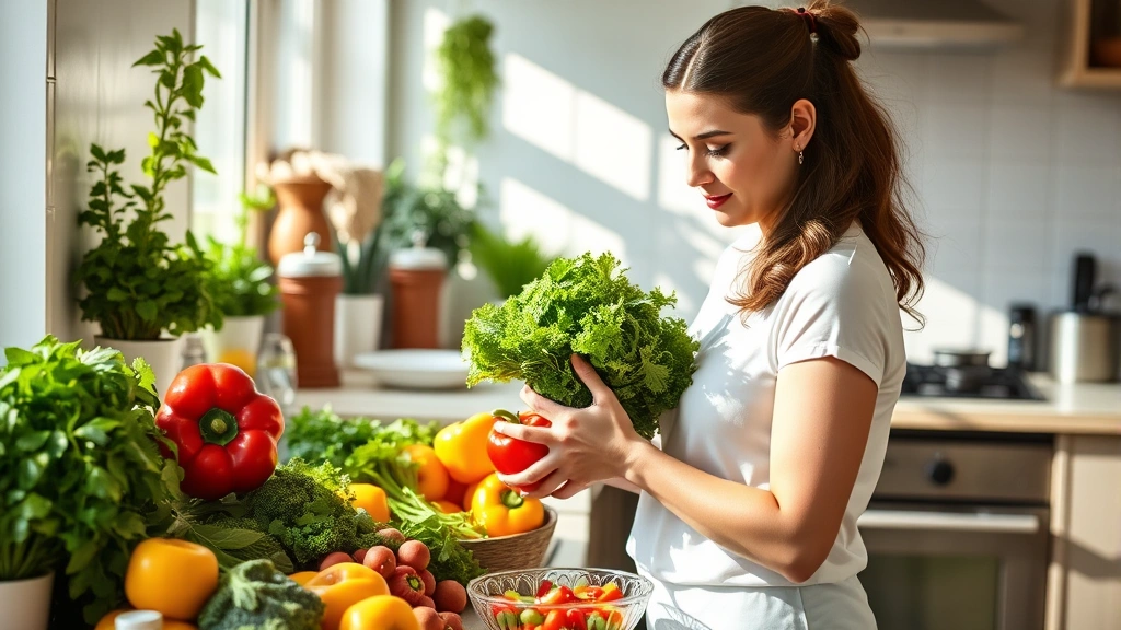 Woman preparing fresh colorful vegetables and salads in bright kitchen, holding bell peppers and leafy greens, natural sunlight streaming through windows, healthy meal preparation environment