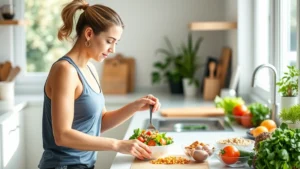 A woman in athletic wear preparing a colorful salad with fresh vegetables, whole grains, and lean protein in a bright, modern kitchen with natural sunlight streaming through windows