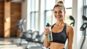 Professional woman in fitness attire smiling confidently while holding a water bottle in a bright, modern gym setting with natural lighting, representing health and wellness achievement
