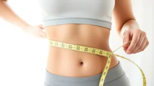 Woman measuring waist with tape measure, fit and healthy appearance, natural lighting, showing progress and wellness focus
