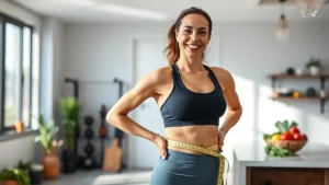 Professional woman in fitness attire measuring waist with tape measure, smiling confidently in bright, modern home gym with natural lighting, healthy vegetables visible on nearby counter