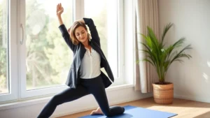 Professional woman in business attire doing morning yoga stretching near a sunny window, peaceful wellness setting, natural lighting
