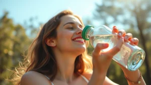 Woman drinking fresh water from a glass bottle outdoors in natural sunlight, smiling, healthy lifestyle aesthetic