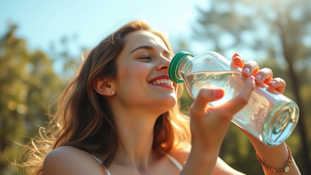 Woman drinking fresh water from a glass bottle outdoors in natural sunlight, smiling, healthy lifestyle aesthetic