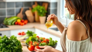 Woman preparing a colorful vegetable salad with fresh greens, tomatoes, and olive oil dressing in a bright kitchen, promoting whole food nutrition