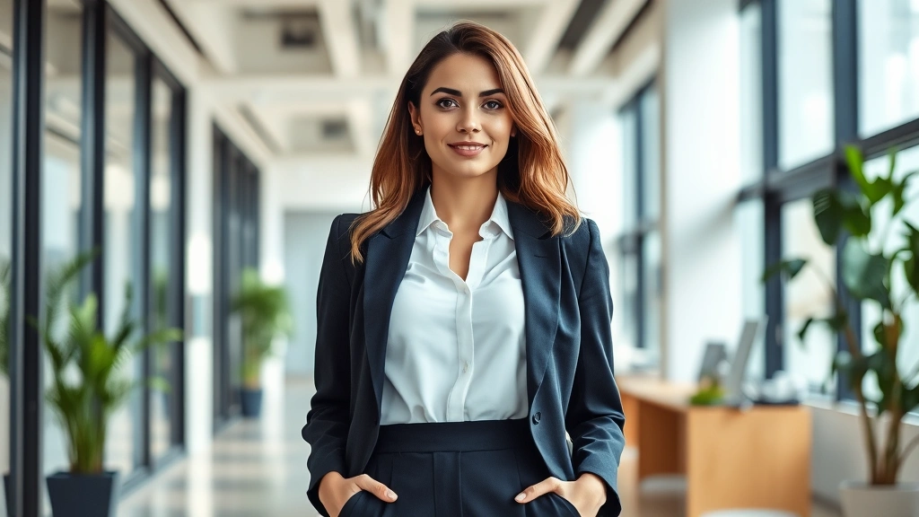 Professional woman in business attire confidently standing in bright, modern office environment with natural lighting, demonstrating healthy posture and wellness