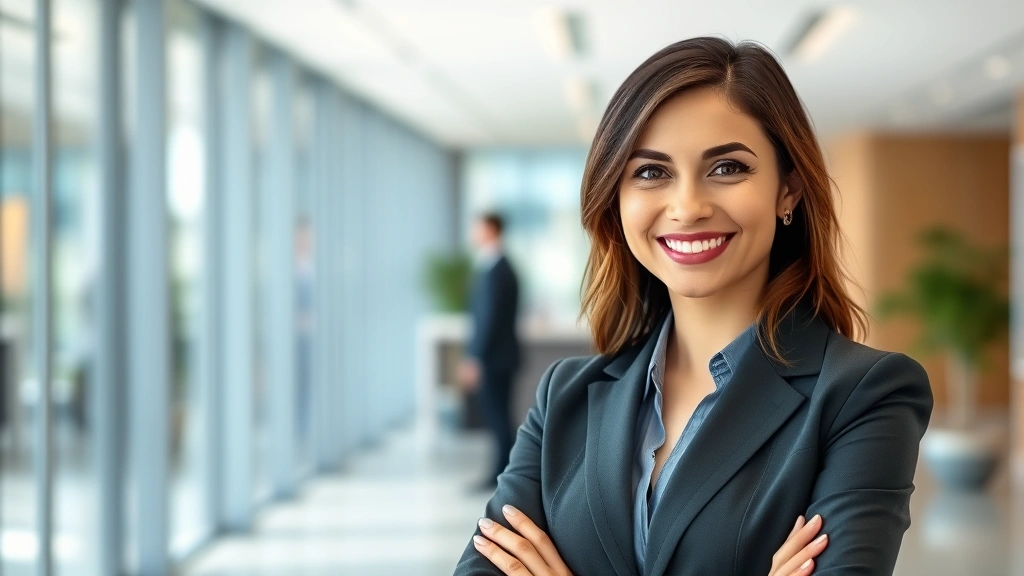 Professional woman in business attire confidently smiling in modern office setting, bright natural lighting, healthy glowing complexion, professional appearance