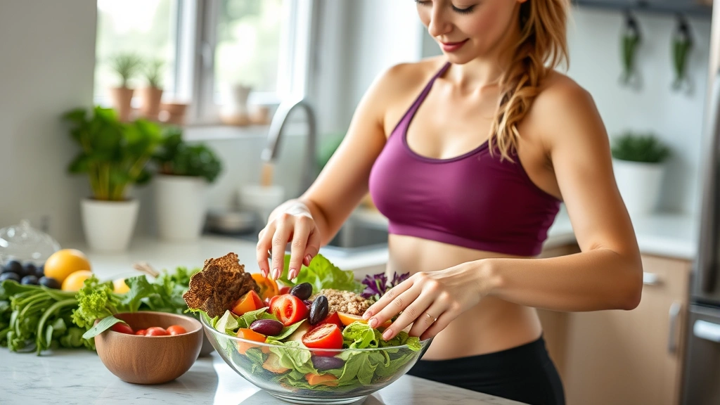 Woman in athletic wear preparing a colorful salad with fresh vegetables, whole grains, and lean protein in bright kitchen, natural lighting, healthy eating lifestyle
