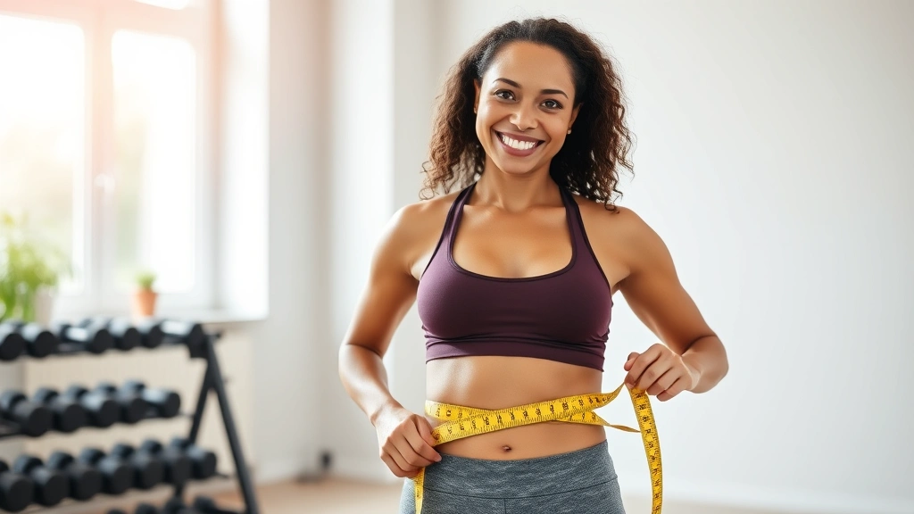 Fit woman measuring waist with tape measure, wearing athletic clothes, smiling in bright home gym with dumbbells visible, natural morning light, healthy confident expression