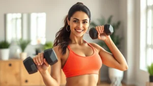 A woman in athletic wear doing resistance training with dumbbells in a bright, modern home gym setting, showing strength and confidence, photorealistic