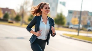 Professional woman in business attire jogging outdoors on a sunny morning, healthy athletic appearance, wearing workout clothes, confident posture