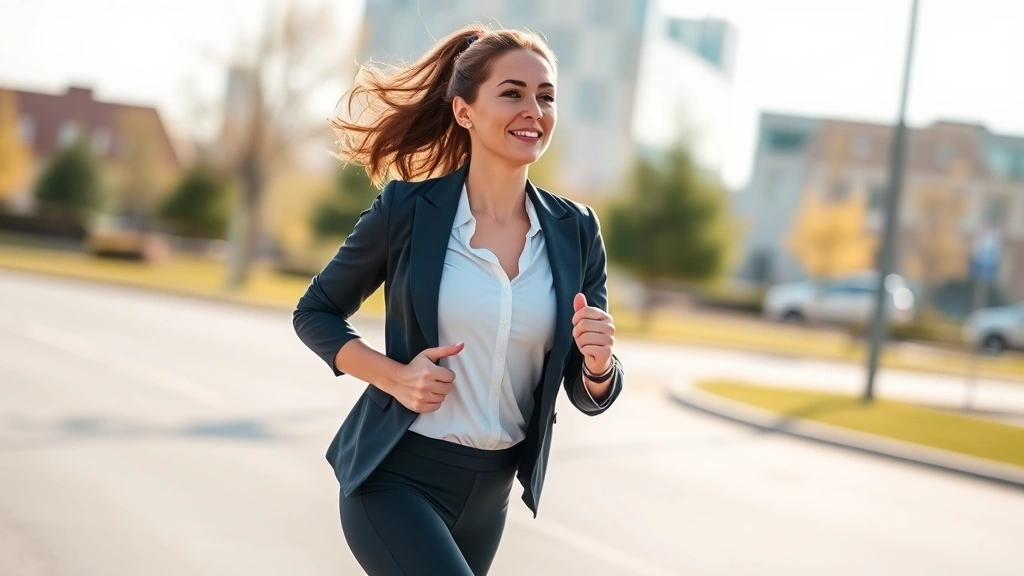 Professional woman in business attire jogging outdoors on a sunny morning, healthy athletic appearance, wearing workout clothes, confident posture