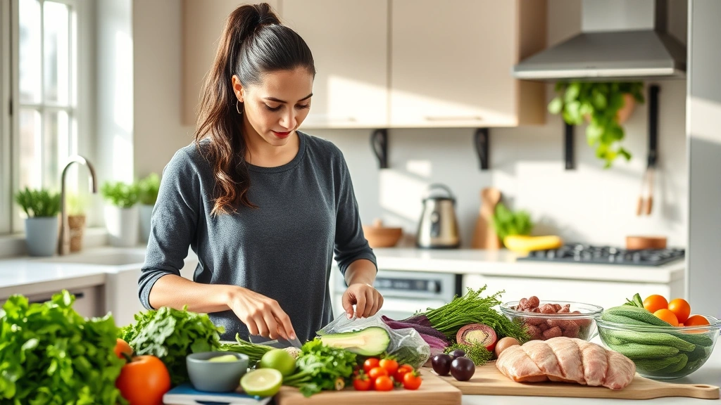 Woman meal prepping fresh vegetables and lean proteins in a bright modern kitchen, focused and organized, natural lighting from windows