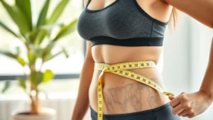Woman measuring waist with tape measure, professional health setting, natural lighting, fit and healthy appearance, motivational wellness environment