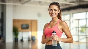 Fit woman in athletic wear smiling at camera in bright fitness studio, holding water bottle, natural lighting, wellness-focused portrait photography
