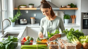 Woman meal prepping fresh vegetables and lean proteins in a bright modern kitchen, healthy whole foods in glass containers, natural lighting, professional food photography style