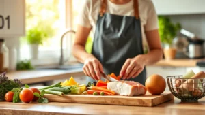 Person in bright kitchen preparing fresh colorful vegetables and lean protein on wooden cutting board, natural sunlight streaming through windows, healthy meal preparation scene
