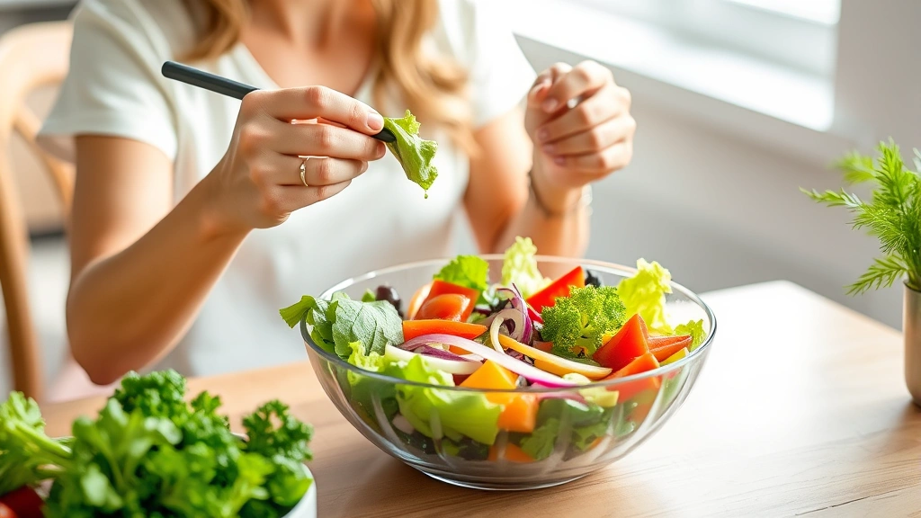 Woman eating colorful salad with fresh vegetables at wooden table, bright natural lighting, healthy meal preparation, vibrant greens and vegetables