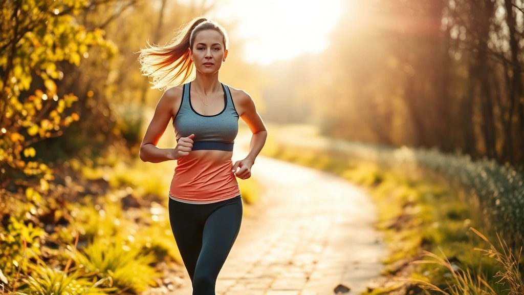 Woman jogging outdoors on sunny morning trail, athletic wear, focused expression, natural daylight, health and wellness lifestyle