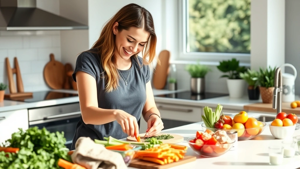 Woman preparing colorful fresh vegetables and lean proteins in a bright modern kitchen, smiling while meal prepping healthy foods, natural lighting, vibrant fresh ingredients visible