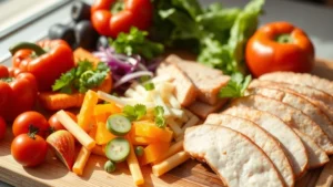 Close-up of fresh colorful vegetables and lean protein sources arranged on a wooden cutting board in natural sunlight, ready for meal preparation