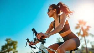 A woman in athletic wear doing a cycling workout outdoors on a sunny day, demonstrating cardiovascular exercise and fitness dedication
