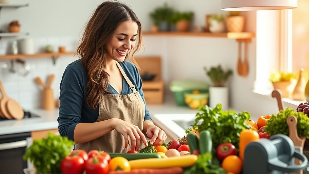 Woman preparing colorful vegetables and whole foods in bright kitchen, smiling at fresh produce on counter, warm natural lighting, healthy meal preparation scene