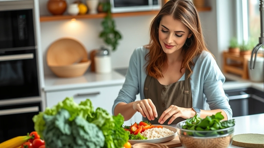 Woman preparing healthy meal with fresh vegetables, lean proteins, and whole grains in bright kitchen; natural lighting, focused expression, vibrant food colors