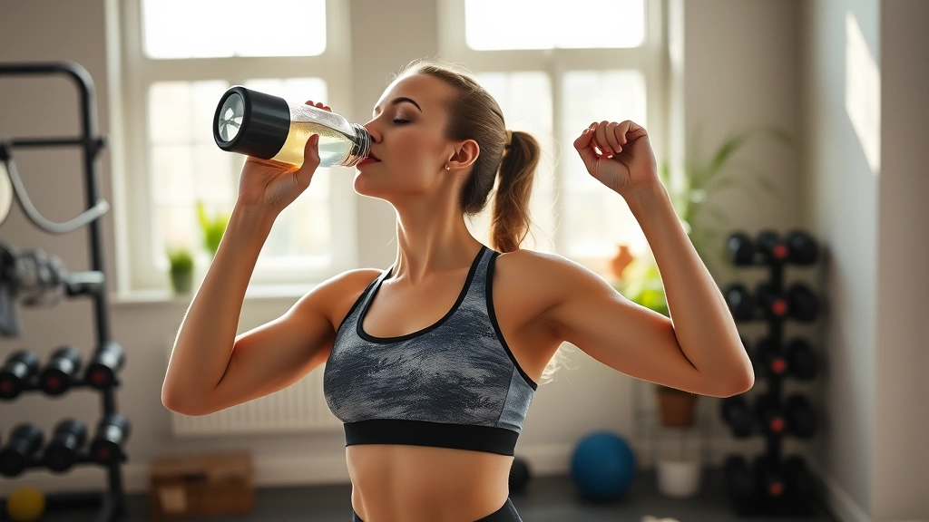 Professional woman in fitness attire drinking water during morning workout, sunlit home gym with dumbbells visible, energetic and healthy appearance, natural lighting