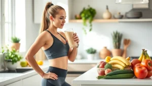 Fit woman in athletic wear drinking a protein smoothie in a bright kitchen with fresh fruits and vegetables on the counter, natural window lighting, healthy lifestyle setting